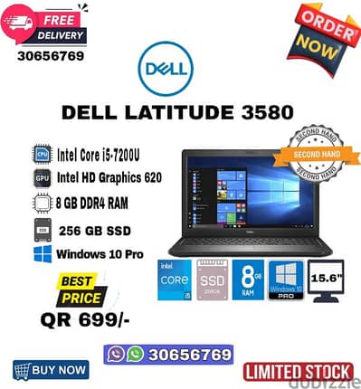 USED LAPTOP DELL LATITUDE 3580,CORE I5,8GB RAM, 256GB SSD, 7th Gen