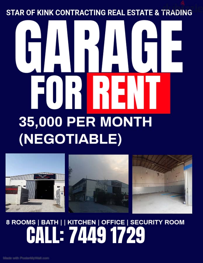 STREET 29 Garage  Rent 35,000 QR (negotiable)  APPROX.  : 1000 SQM Fro 6