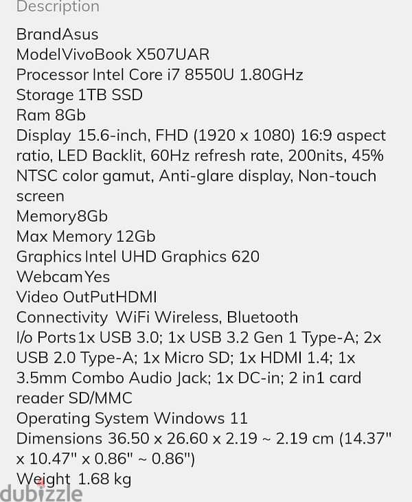 Asus Laptop core i7 8th Gen 7