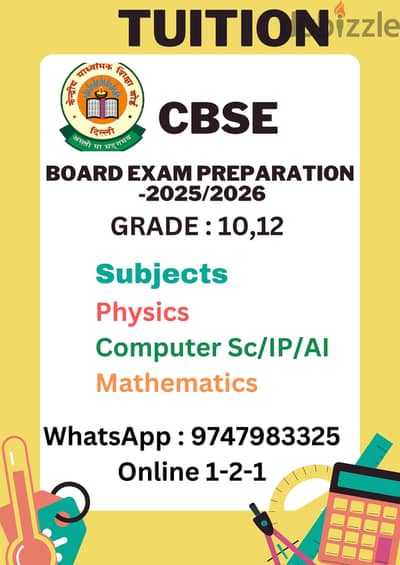 TUITION  CBSE Board Exam (10,12)- WhatsApp : +91 9747983325