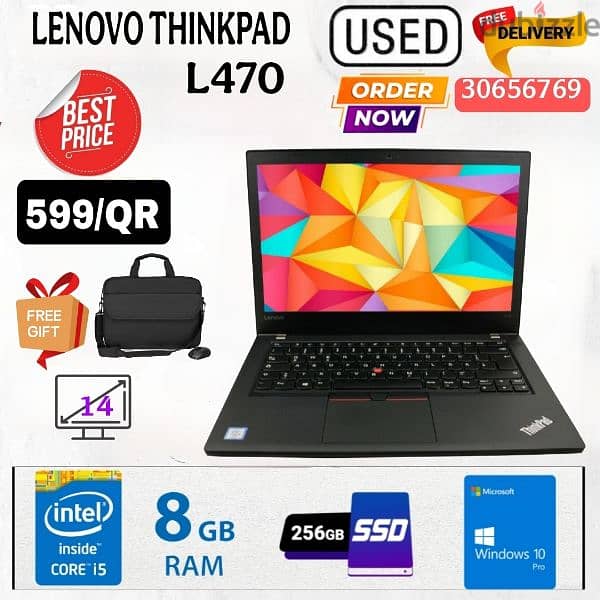 USED LENOVO L470,8GB RAM, 256GB SSD 0