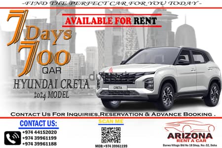 BEST CAR RENTAL DEAL TODAY | HYUNDAI CRETA 7 DAYS 700 QAR | 39961199