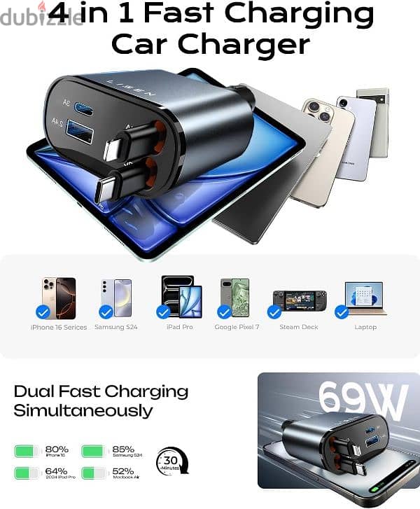 LISEN Retractable Car Charger 4 in 1 [69W USB C Car 1