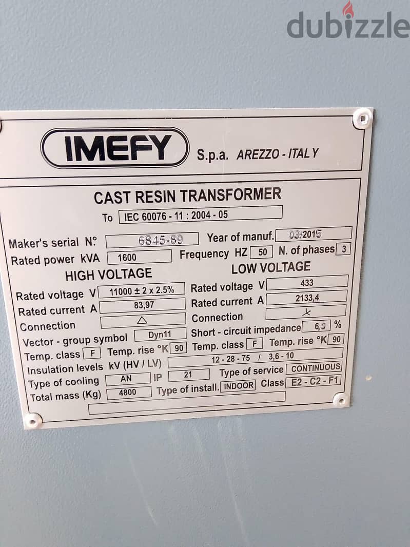 For Sale: 1600 kVA IMEFY Cast Resin Transformer | 3-Phase | 11kV/433V 3