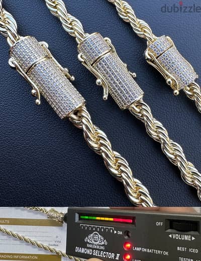 Iced MOISSANITE Clasp 14k Gold Plated Stainless Steel Rope Chain Neckl