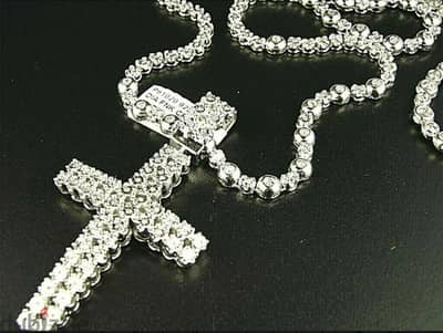 Men's Rosary Sterling Silver Chain with Cross in Natural Diamonds 1.50