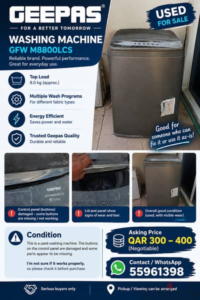 Geepas Washing Machine GFW M8800LCS – QAR 300–400