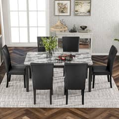 7-piece Dining Table Set with 1 Faux Marble Top Table and 6 PU Leather 0
