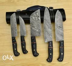 Damascus chef knife set/ Wood & Steel On Handle with leather Sheath 0