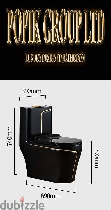 نموذج تصميم مرحاض فاخر بدون شفة أسود مع مرحاض بخط ذهبي 9