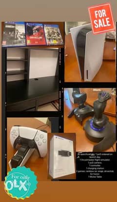PS5- charging station, controller, Camera, Flight Hotas, 3 games, Desk 0