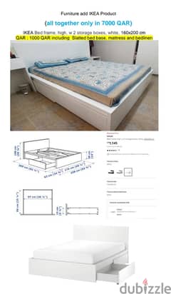 IKEA Bed frame, Slatted bed base, mattress and bedlinen