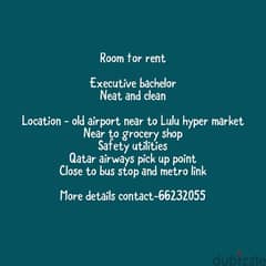 Room for rent to bachelor