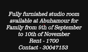 Furnished studio available  from 9 th September to 10 th November